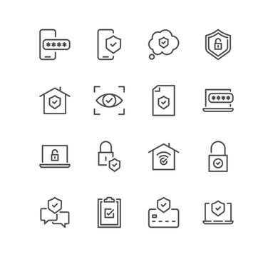Set of security related icons, digital lock, cyber security, password, smart home, computer security, electronic key and linear variety vectors.
