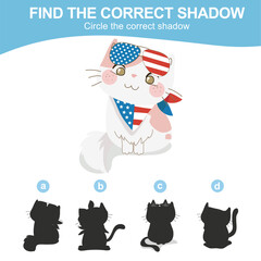 4th of July find the correct shadow for kindergarten and preschool children. kawaii and cute kitten wearing glasses and scarf of American flag design for fourth of July. Vector file.
