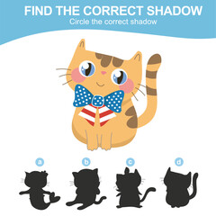 4th of July find the correct shadow for kindergarten and preschool children. kawaii and cute orange kitten wearing glasses and bow tie of American flag design for fourth of July. Vector illustrations 