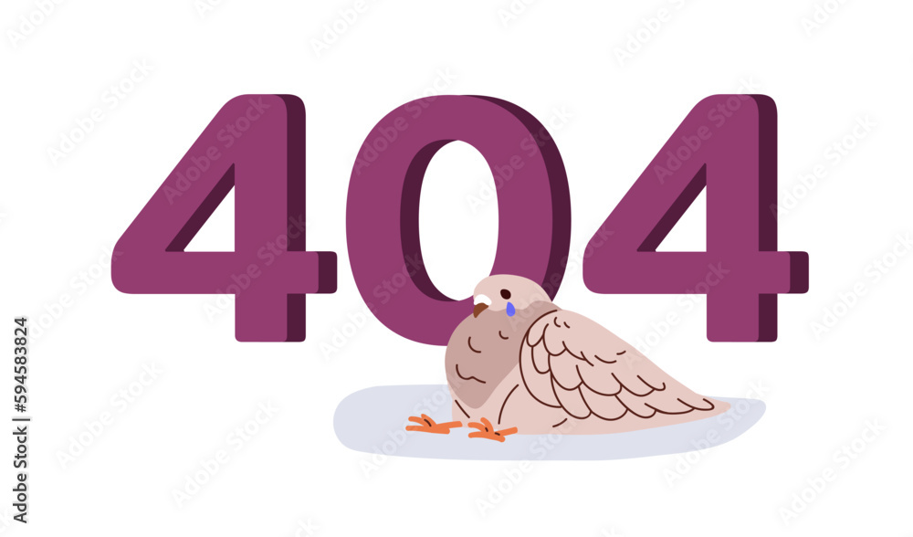 Leinwandbilder 404 error page, web site not found. Funny comic design of wrong webpage with crying bird. Mistake message, access and loading failure. Flat graphic vector illustration isolated on white background