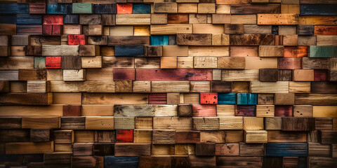 Textur abstrakter Blockstapel an der Wand für Hintergrund, abstrakte bunte Holzstruktur für Hintergrund. KI