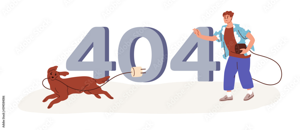 Poster 404 error, web page not found. Website access failure, wrong internet connection concept. Unloaded unavailable webpage design with funny dog. Flat vector illustration isolated on white background