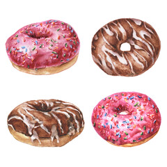 Watercolor set of sweet donuts with chocolate and pink glazed topping and sprinkles