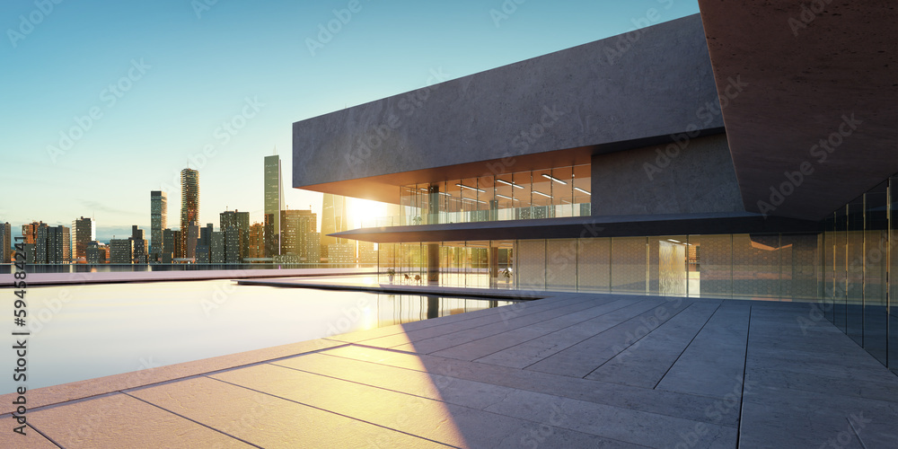 Poster 3d modern architecture with a pool