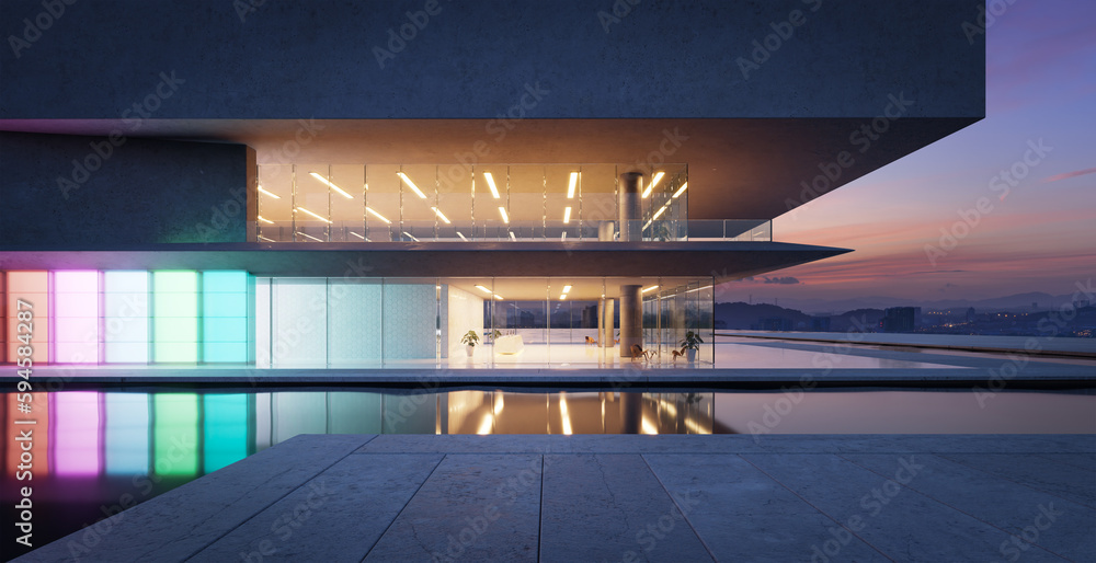 Poster 3d modern architecture with a pool
