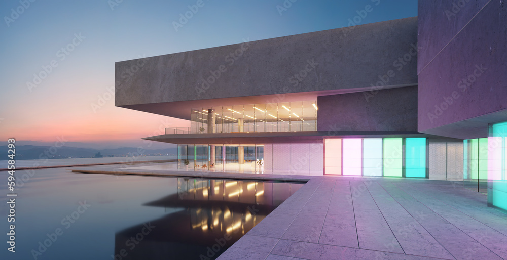 Poster 3D Modern architecture with a pool
