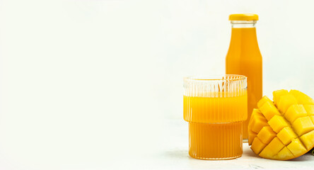 Tasty mango drink and fresh fruits on a light background. Long banner format