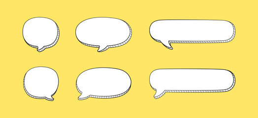 Stickers of 3D speech bubbles doodle sketch style outline vector set