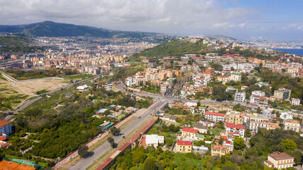 Fototapeta na wymiar Aerial view of Bagnoli in the metropolitan city of Naples, Campania, Italy.
