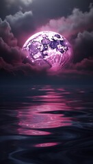 Naklejka na ściany i meble Illustration of a full moon rising above the sea with waves and clouds Generative Ai