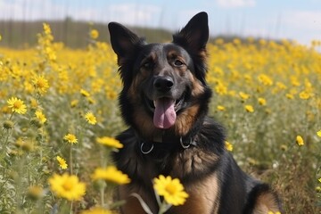 Dog in flowers field. The happy pet is smiling (Ai generated)