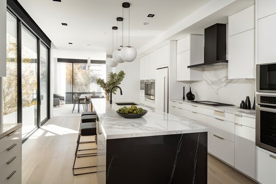 spacious modern white kitchen with black accents, sleek stainless steel appliances and marble countertops, created with generative ai