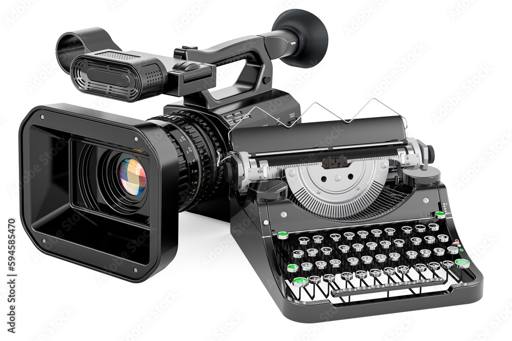 Poster professional video camera with typewriter machine. 3d rendering