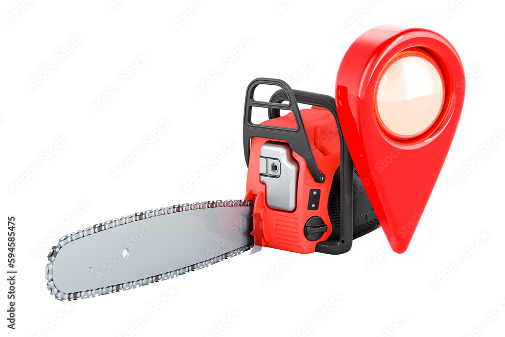 Poster chain saw with map pointer. 3d rendering