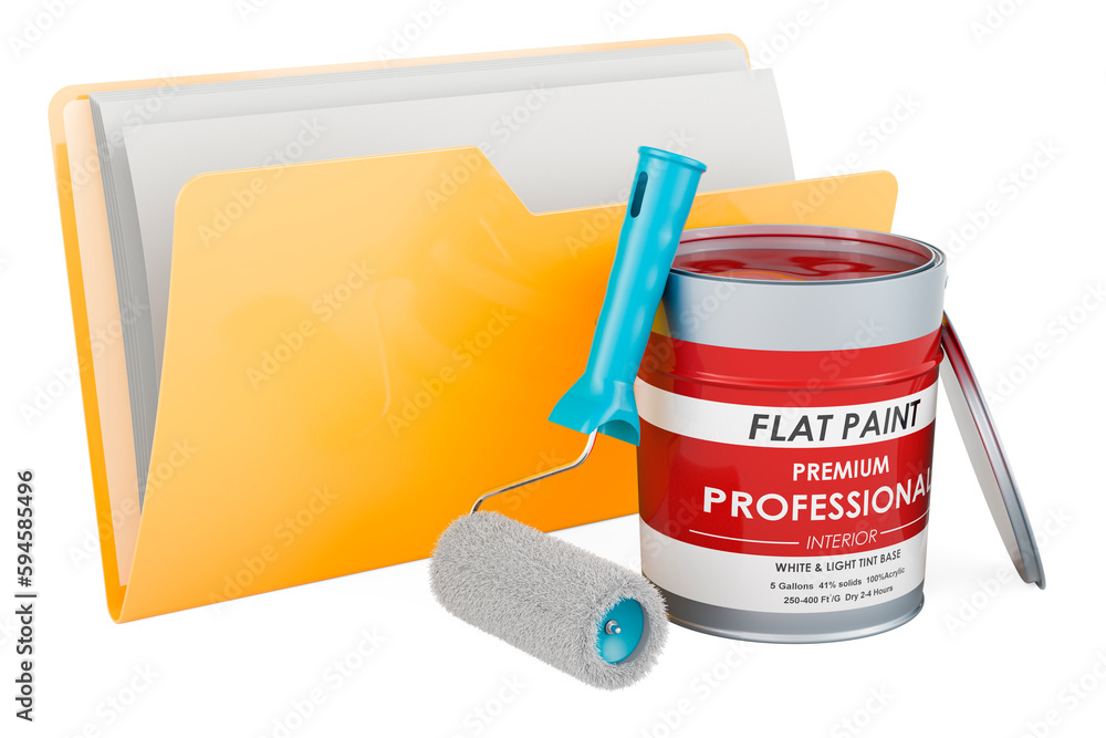 Poster yellow computer folder icon with paint can and roller brush, 3d rendering