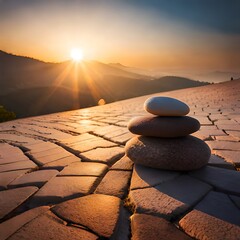 Meditation mit der Natur in den Bergen. Steine übereinander bei Sonnenuntergang. Generative AI