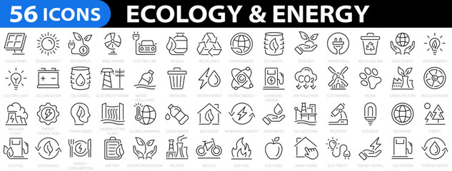 Fototapeta na wymiar Ecology & Energy 56 icon set. Set of energy thin line icons. Environment, recycle, renewable energy, electric bike, eco-friendly, forest, wind power. Icons for renewable energy. Vector illustration
