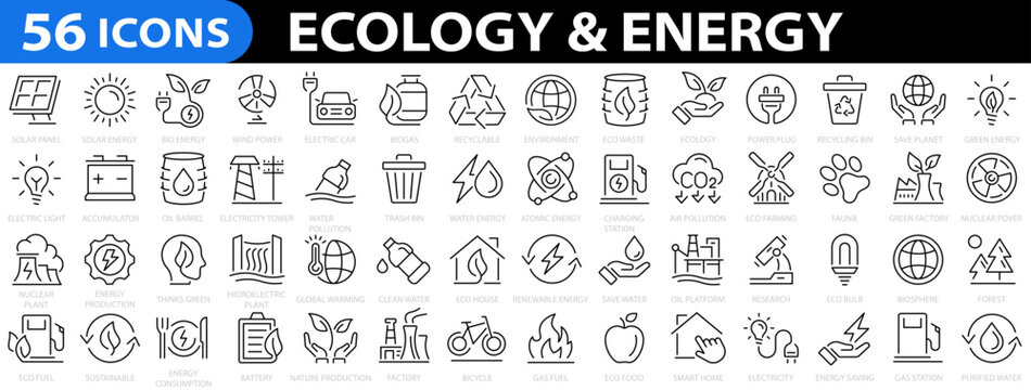 Ecology & Energy 56 icon set. Set of energy thin line icons. Environment, recycle, renewable energy, electric bike, eco-friendly, forest, wind power. Icons for renewable energy. Vector illustration