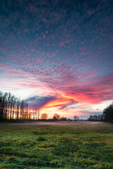 Beautiful sunset with dramatic sky and clouds on a meadow in winter with bare trees in the background