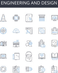 Engineering and design line icons collection. Articulate discourse, Bold imagination, Creative ingenuity, Dynamic innovation, Effective output, Fluent expression, Genuine craftsmanship vector and
