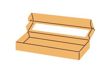 Long cardboard box for take-away food. Open empty package for takeout sushi delivery. Paperboard pack, disposable container for takeaway meal. Flat vector illustration isolated on white background