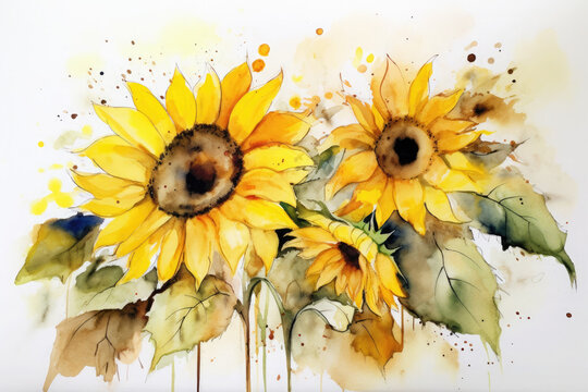 Using watercolours, depict a bouquet of beautiful abstract yellow and cream sunflowers with a white background