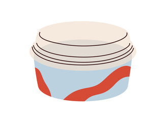 Takeaway round-shaped box closed with plastic transparent lid. Cardboard package for takeout food, take-away soup, salad, snack delivery. Flat vector illustration isolated on white background