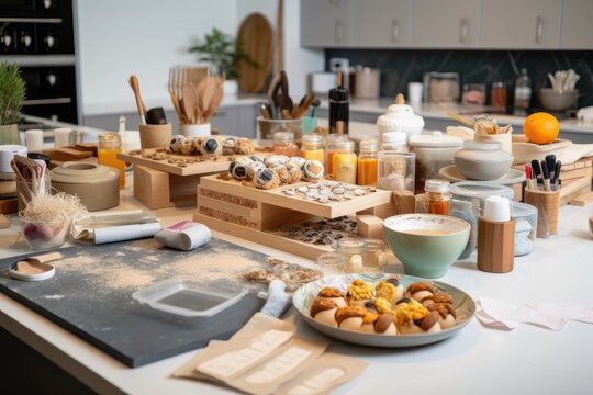 beautiful and bright baking workshop, with all the ingredients and tools ready for baking, created with generative ai
