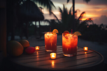 Fototapeta na wymiar Summer cocktails into a luxury tropical beach resort at sunset. Generative AI.
