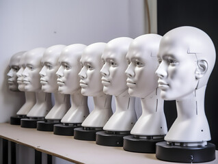 Collection of white Robot Heads Lined Up, ai generated