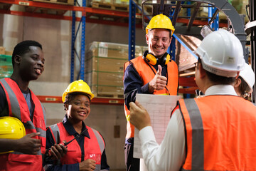 Group of Industrial workers working at a warehouse factory.