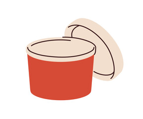 Takeaway round box, cardboard package, open container for takeout food, takeaway soup delivery. Take-away paper pack with lid, cover. Flat vector illustration isolated on white background