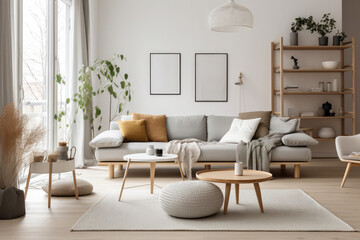 A sofa, light, and white walls make for a bright and cozy modern living room, mockups, generative AI
