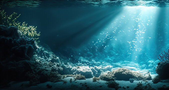 Beautiful abstract underwater scene, deep ocean blue water backdrop with copy space. Seascape background. AI generative image.