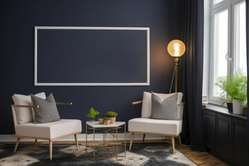 Mockup frame on cabinet in dark blue Scandinavian living room, generative AI