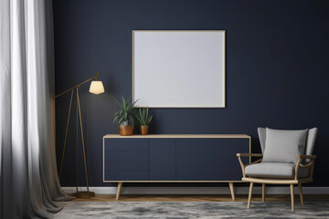 Mockup frame on cabinet in dark blue Scandinavian living room, generative AI