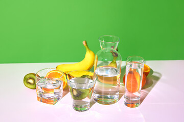 Nutrients, vitamins. Still life with fresh fruits kiwi, banana, orange and glasses with water on table over green studio background. Balanced diet. Bright colors