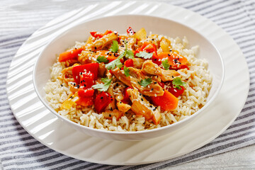 sweet and sour chicken with veggies and rice