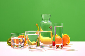 Still life with fresh fruits kiwi, banana, orange and glasses with water on table over green background. Bright colors. Fruit detox