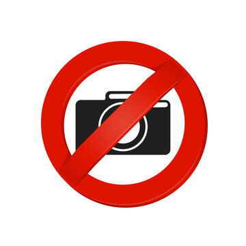 NO CAMERAS ALLOWED sign. Flat icon in red crossed out circle. Vector.