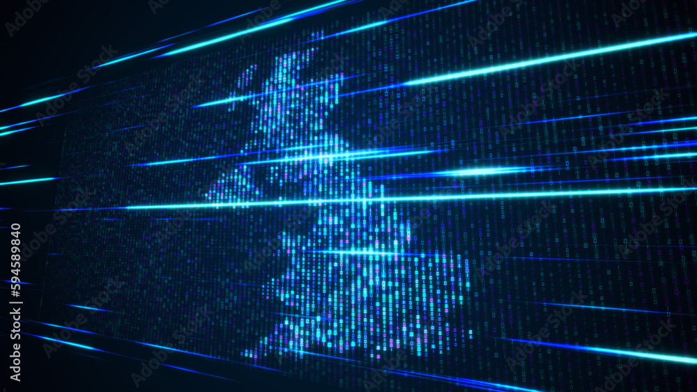 Poster abstract futuristic blue shinny binary digital number mosaic grid map of united kingdom perspective 