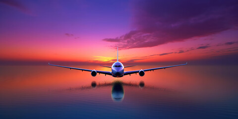 Passengers commercial airplane flying above sea surface on colorful paradise sunset. Airliner in flight. Generative AI