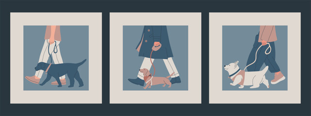 Dog Show or Competition. The man keeps the dog on a leash. Set of vector illustrations.