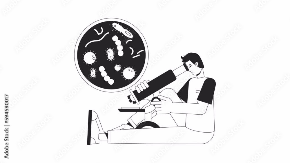 Poster microscopic analysis bw animation. animated man looking at microscope 2d flat monochromatic thin lin