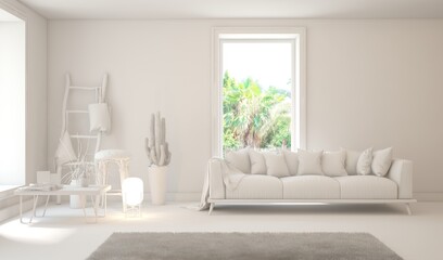 Grey living room concept with sofa and summer landscape in window. Scandinavian interior design. 3D illustration