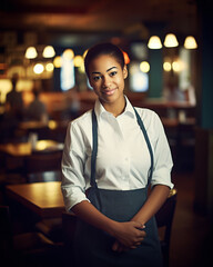 Working women. Mixed race waitress, barista, bartender smiling at the camera. 