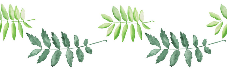 Watercolor frame - illustration with green leaves and branches and golden elements, for wedding stationery, congratulations, wallpapers and more on white bacground.