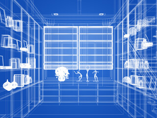 sketch design of interior hall, 3d rendering