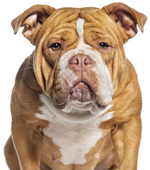 head shot of a American Bully dog facing at the camera, isolated on white