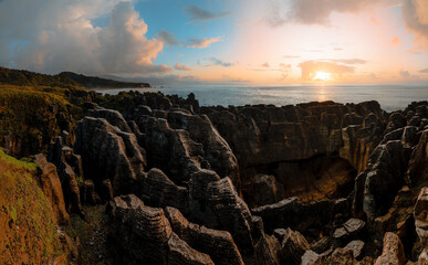 Sunset at Punakaiki Pancake Rocks, Paparoa National Park, New Zealand